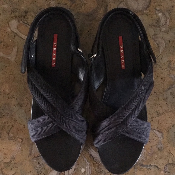 Prada Grosgrain Criss Cross Crossover Wedge Heel - Picture 6 of 7